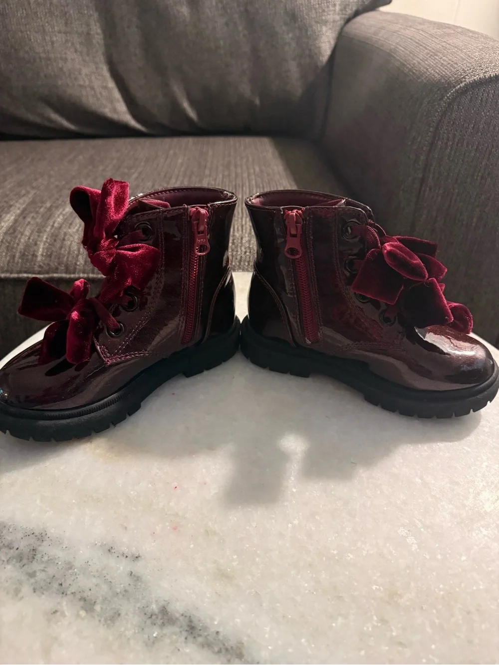 Cat & Jack Burgundy Patent Lace-Up Boots with Velvet Bows